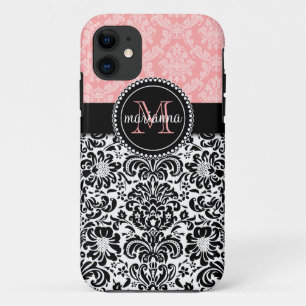 Elegant Paris Baby Pink Black Damask gepersonalise Case-Mate iPhone Case