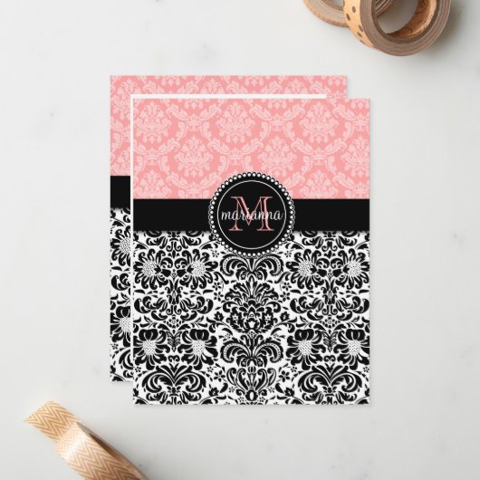 Elegant Paris Baby Pink Black Damask gepersonalise Notitiekaartje (Voorkant / Achterkant in situ)