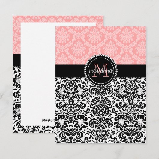 Elegant Paris Baby Pink Black Damask gepersonalise Notitiekaartje (Voorkant / Achterkant)