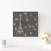 Elegant Paris Eiffel Tower Dark Gray Butterfly Vierkante Klok (Huis)