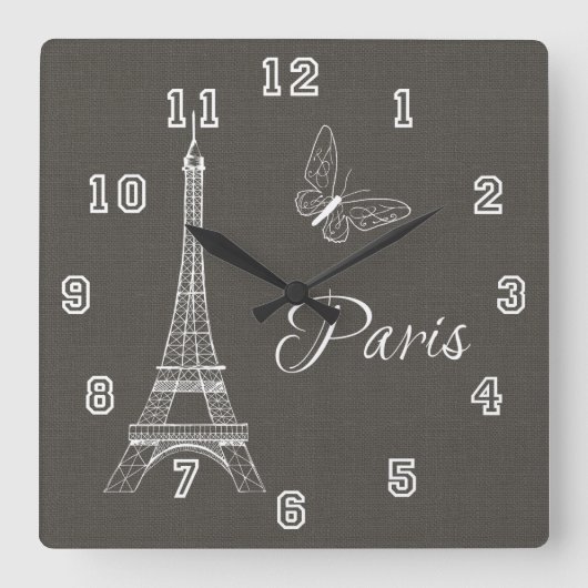Elegant Paris Eiffel Tower Dark Gray Butterfly Vierkante Klok (Voorkant)