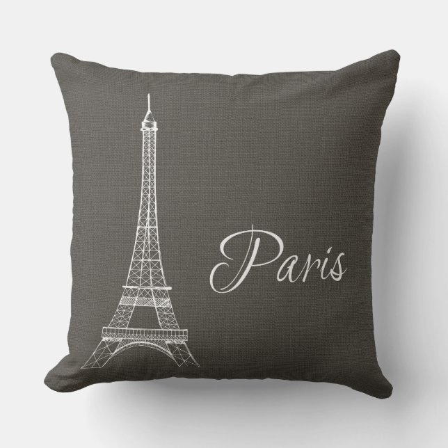 Elegant Paris Eiffel Tower Dark Grey Burlap Kijk u Kussen (Voorkant)