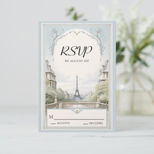 Elegant Paris Eiffeltoren Poeder Blauw Bruiloft RSVP Kaartje (Staand voorkant)