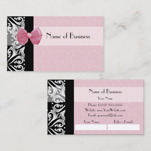 Elegant Parisian Damask Pink Ribbon Refer an Frien Aanbevelingskaartje (Voorkant / Achterkant)