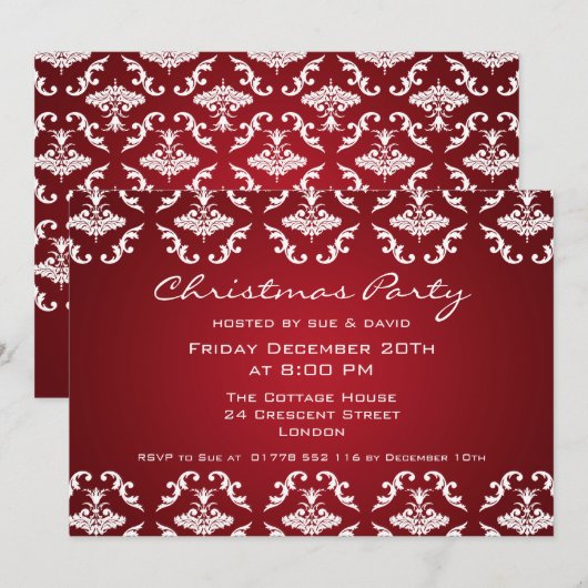 Elegant Party Invitation Floral Pattern Red Kaart (Voorkant / Achterkant)