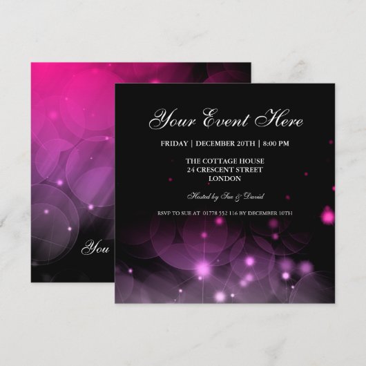 Elegant Party Invitation Sparkles Pink Black Kaart (Voorkant / Achterkant)