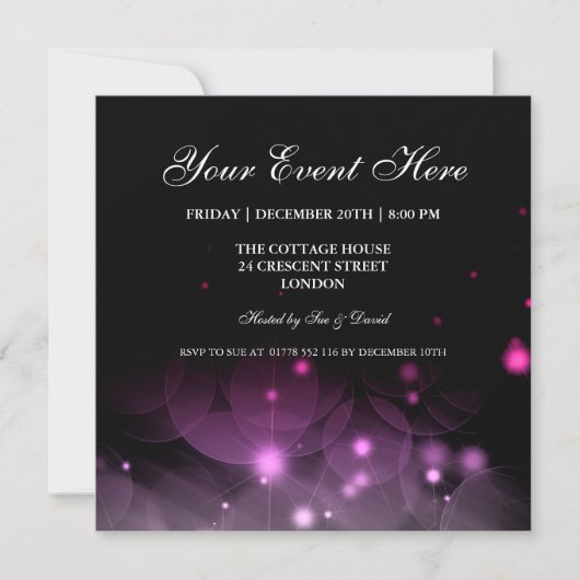 Elegant Party Invitation Sparkles Pink Black Kaart (Voorkant)