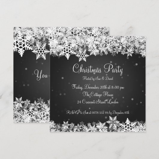 Elegant Party Invitation Winter Snowflakes Black Kaart (Voorkant / Achterkant)