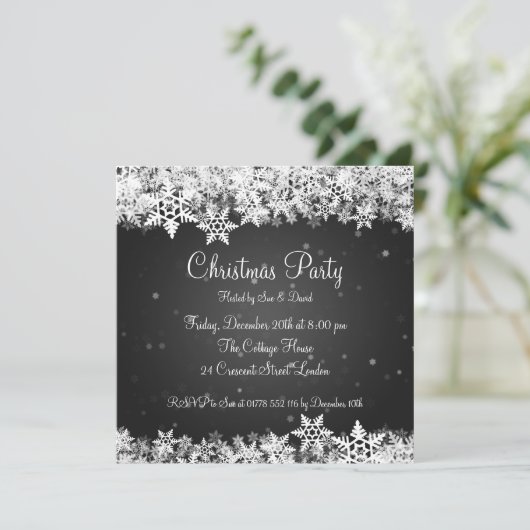 Elegant Party Invitation Winter Snowflakes Black Kaart (Staand voorkant)