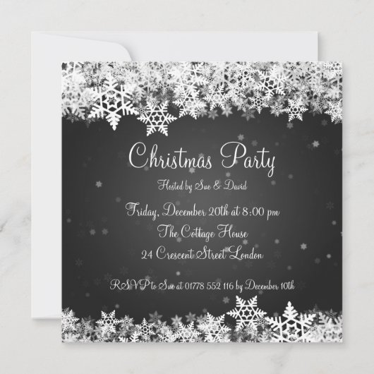 Elegant Party Invitation Winter Snowflakes Black Kaart (Voorkant)