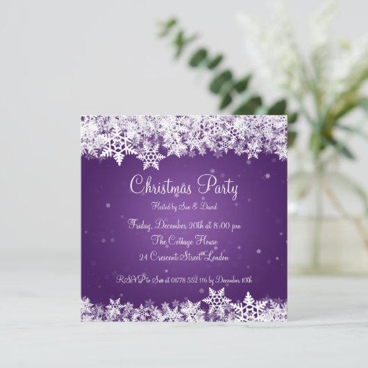 Elegant Party Invitation Winter Snowflakes Paars Kaart (Staand voorkant)