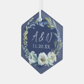 Elegant Pas getrouwd Gift Custom Blue Floral Kerst Glas Ornament (Voorkant links)