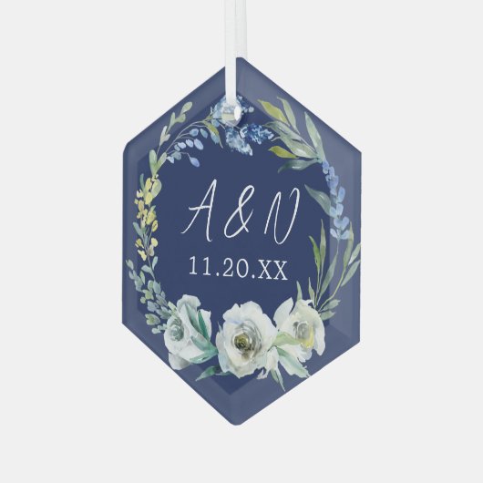 Elegant Pas getrouwd Gift Custom Blue Floral Kerst Glas Ornament (Voorkant links)