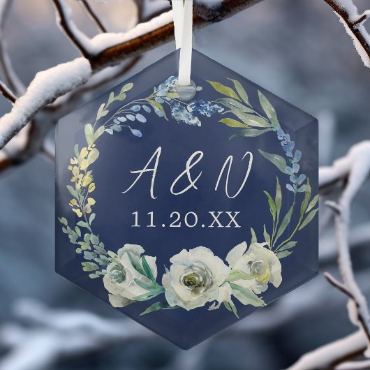 Elegant Pas getrouwd Gift Custom Blue Floral Kerst Glas Ornament