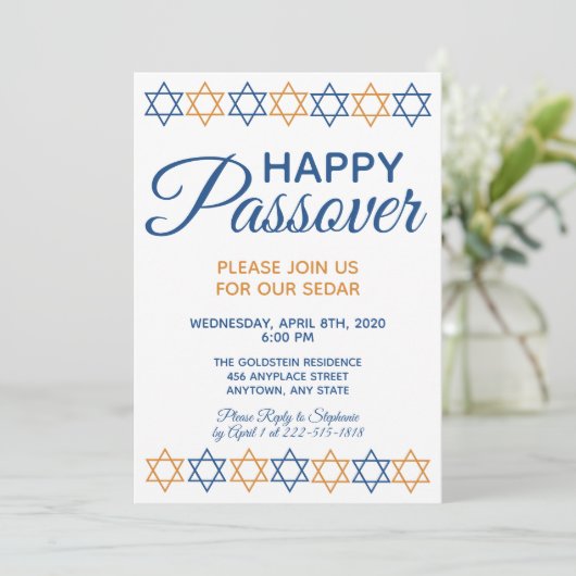 Elegant Passover Sedar Blue en Gold Star van David Kaart (Staand voorkant)
