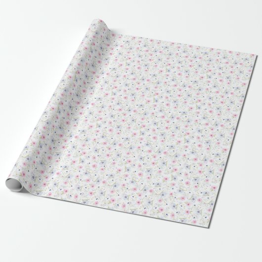 Elegant pastblauw en roze bloemen cadeaupapier (Uitgerold)
