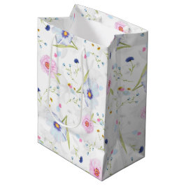 Elegant pastblauw en roze bloemen medium cadeauzakje