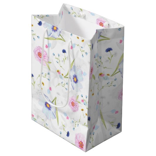 Elegant pastblauw en roze bloemen medium cadeauzakje (Voorkant Gekanteld)