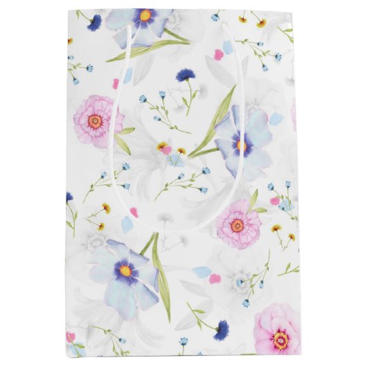 Elegant pastblauw en roze bloemen medium cadeauzakje (Voorkant)