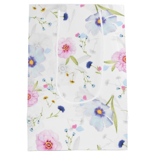 Elegant pastblauw en roze bloemen medium cadeauzakje (Achterkant)