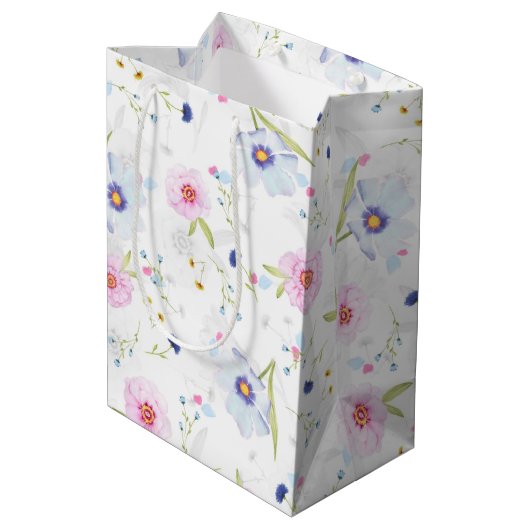 Elegant pastblauw en roze bloemen medium cadeauzakje (Achterkant Gekanteld)