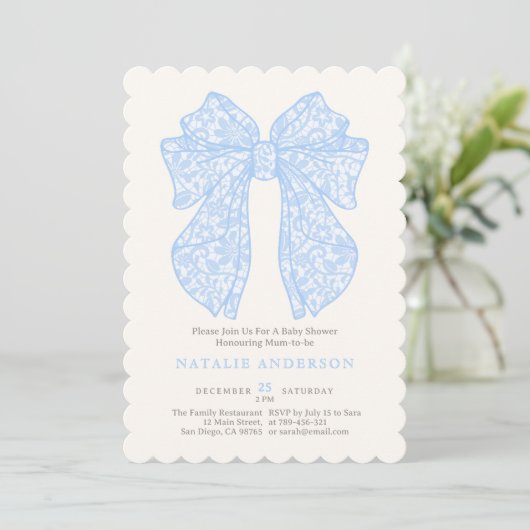 Elegant Pastel Baby Blue Lace Coquette Baby shower Kaart (Staand voorkant)