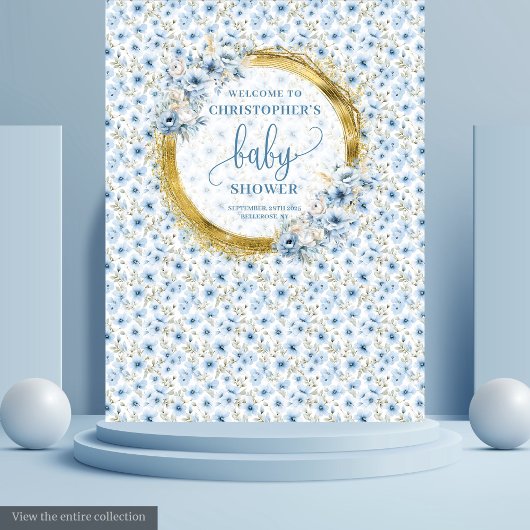 Elegant Pastel Blauw Goud Bloemen Baby shower Bann Wandkleed