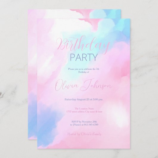 Elegant Pastel Blauw Roze Waterverf Schilderen Kaart (Voorkant / Achterkant)