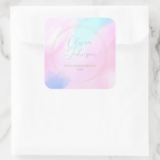 Elegant Pastel Blauw Roze Waterverf Schilderen Vierkante Sticker (Tas)