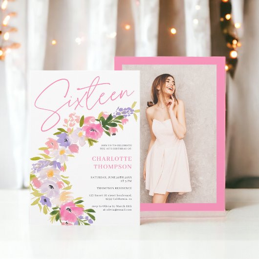 Elegant pastel bloemenfotoscript Sweet 16 Kaart
