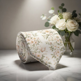 Elegant Pastel Bloemenpatroon op Zachte Witte Onde Stropdas