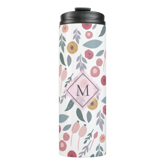 Elegant Pastel Bloemmotief Monogram Thermosbeker (Voorkant)
