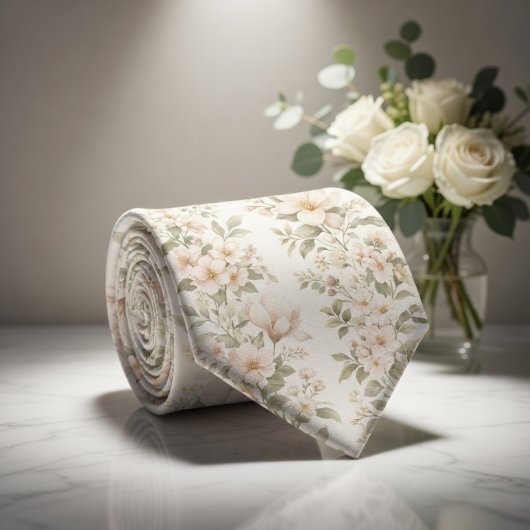Elegant Pastel Bloemmotief op Zachte Wit Stropdas