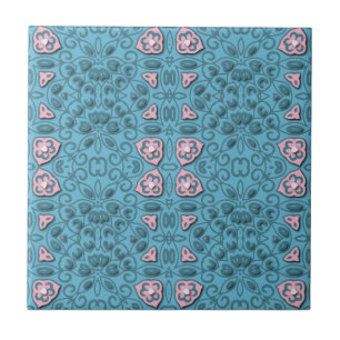 Elegant Pastel Blue en Pink Modern Damask Patroon Tegeltje