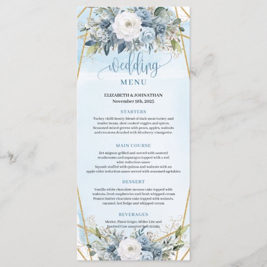 Elegant Pastel Blue Eucalyptus Floral Wedding Menu (Voorkant)
