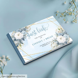 Elegant Pastel Blue Floral Gold Wedding Guest Book Gastenboek