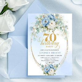 Elegant Pastel Blue Flowers 70th Birthday Invites Kaart