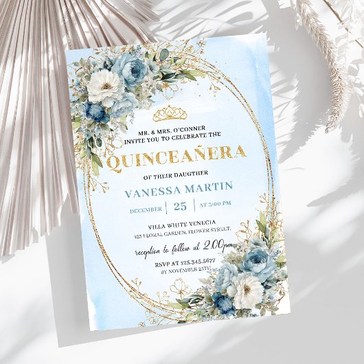 Elegant Pastel Blue Gold Eucalyptus Quinceañera Kaart