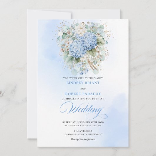 Elegant Pastel Blue Hydrangea Wedding Invitation Kaart (Voorkant)