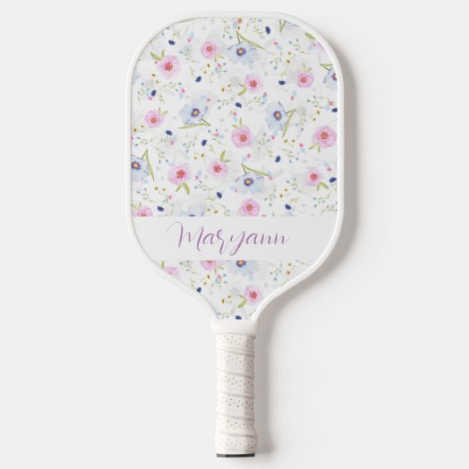 Elegant Pastel Blue Pink Flowers Personeelsformati Pickleball Paddle (Voorkant)