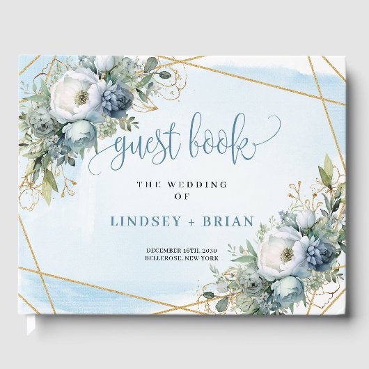 Elegant Pastel Blue White Gold Floral Guest Book Gastenboek (Voorkant)