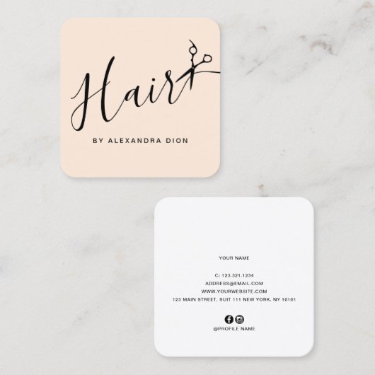 Elegant pastel blush & zwarte schaar vierkante visitekaartje (Voorkant / Achterkant)