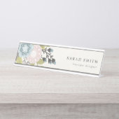 Elegant Pastel Boho Blush Blue Green Leafy Floral Bureau Naambordje (Voorkant)