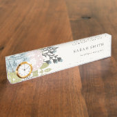 Elegant Pastel Boho Blush Blue Green Leafy Floral Naambordje (Zijkant)