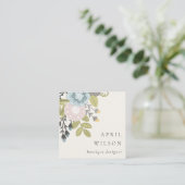 Elegant Pastel Boho Blush Blue Green Leafy Floral Vierkante Visitekaartje (Staand voorkant)