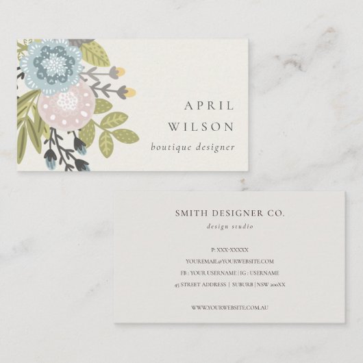 Elegant Pastel Boho Blush Blue Green Leafy Floral Visitekaartje (Voorkant / Achterkant)