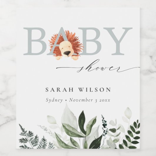 Elegant pastel Cute Boho Lion Foliage Baby shower Wijn Etiket (Enkel label)