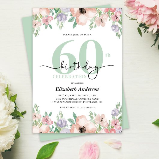 Elegant Pastel Floral 60th Birthday Party Kaart