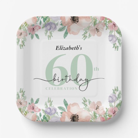 Elegant Pastel Floral 60th Birthday Party Papieren Bordje (Voorkant)