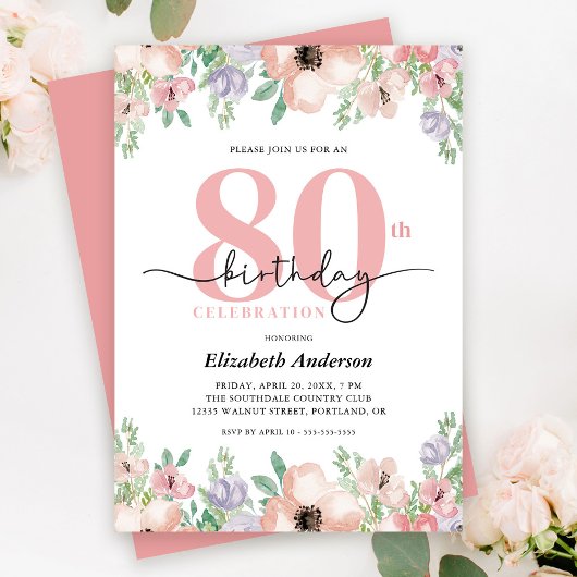 Elegant Pastel Floral 80th Birthday Party Kaart
